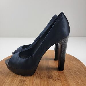 Tory Burch Satin Pumps Snake Skin Platform Heels Peep Toes Women's Shoe 8 M